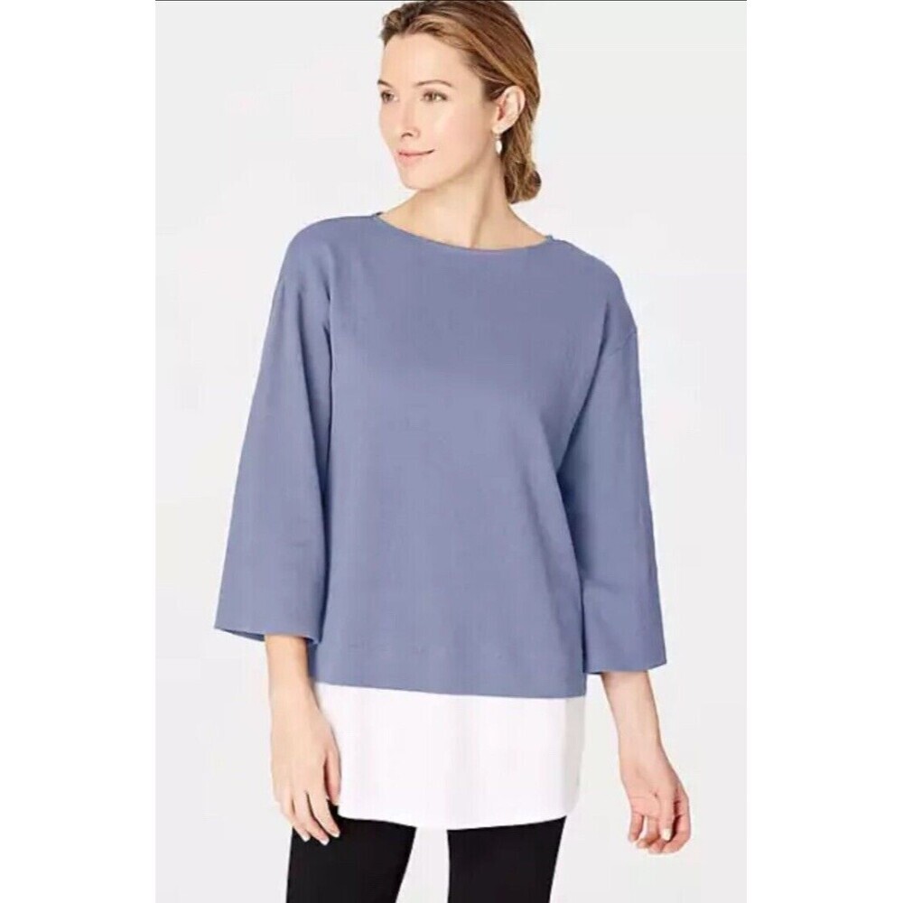 J. Jill PureJill XS Cotton Layered Tunic Blue White Resort Yacht Quiet Luxury